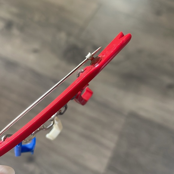 1940s Celluloid Early Plastic Patriotic Red Arrow Brooch w Charms K J C Initials - Picture 9 of 17